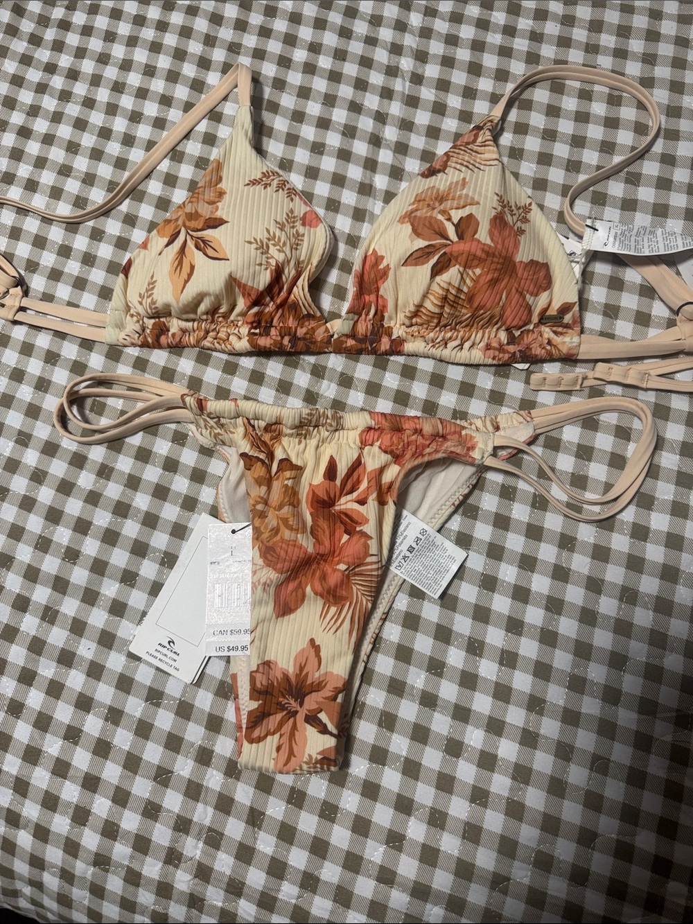Rip curl Floral Ribbed Triangle Bikini Set - Cream with Orange Floral